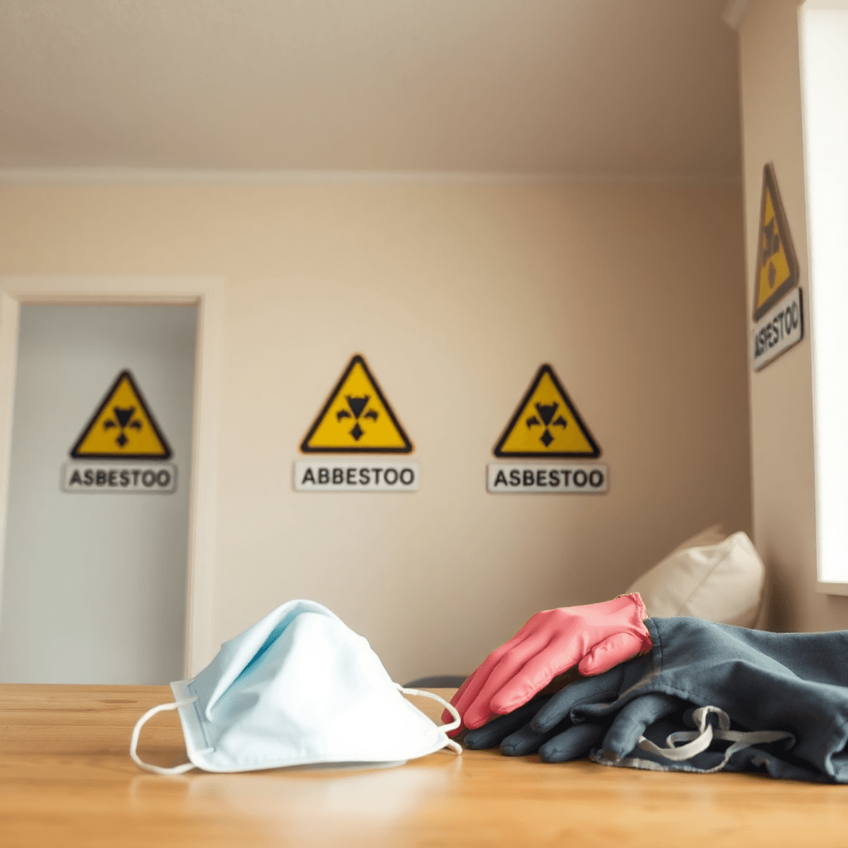 Close-up of a minimalist home interior with asbestos caution signs and protective masks and gloves on a table, highlighting home safety and inspect...