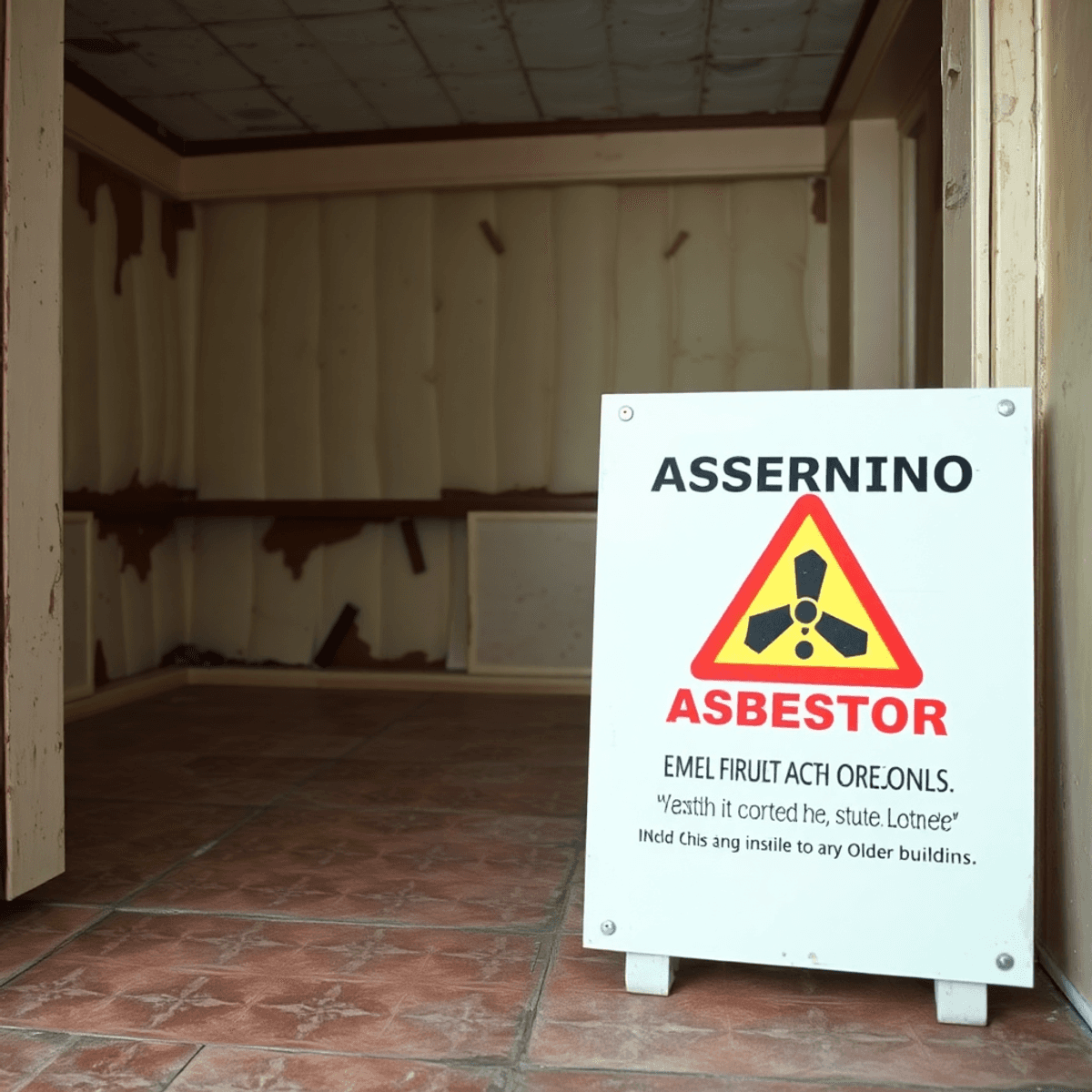 Close-up of vintage home interior with old insulation, floor tiles, and an asbestos warning sign highlighting safety in older buildings.