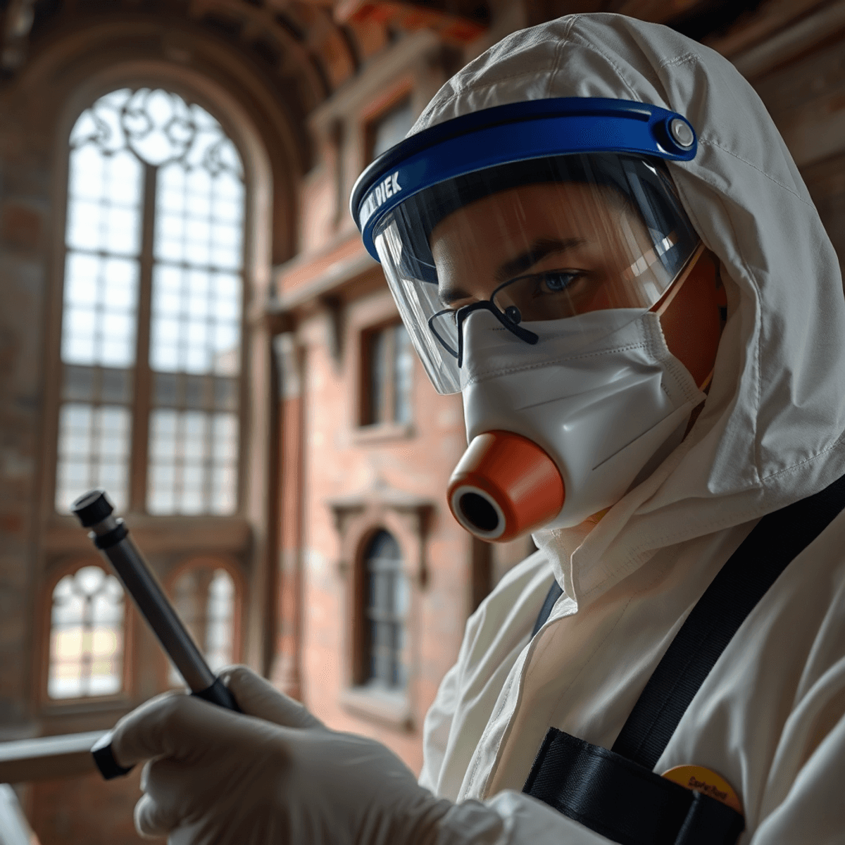 Professional in protective gear performing asbestos testing inside a historic building with classic architecture in the background.