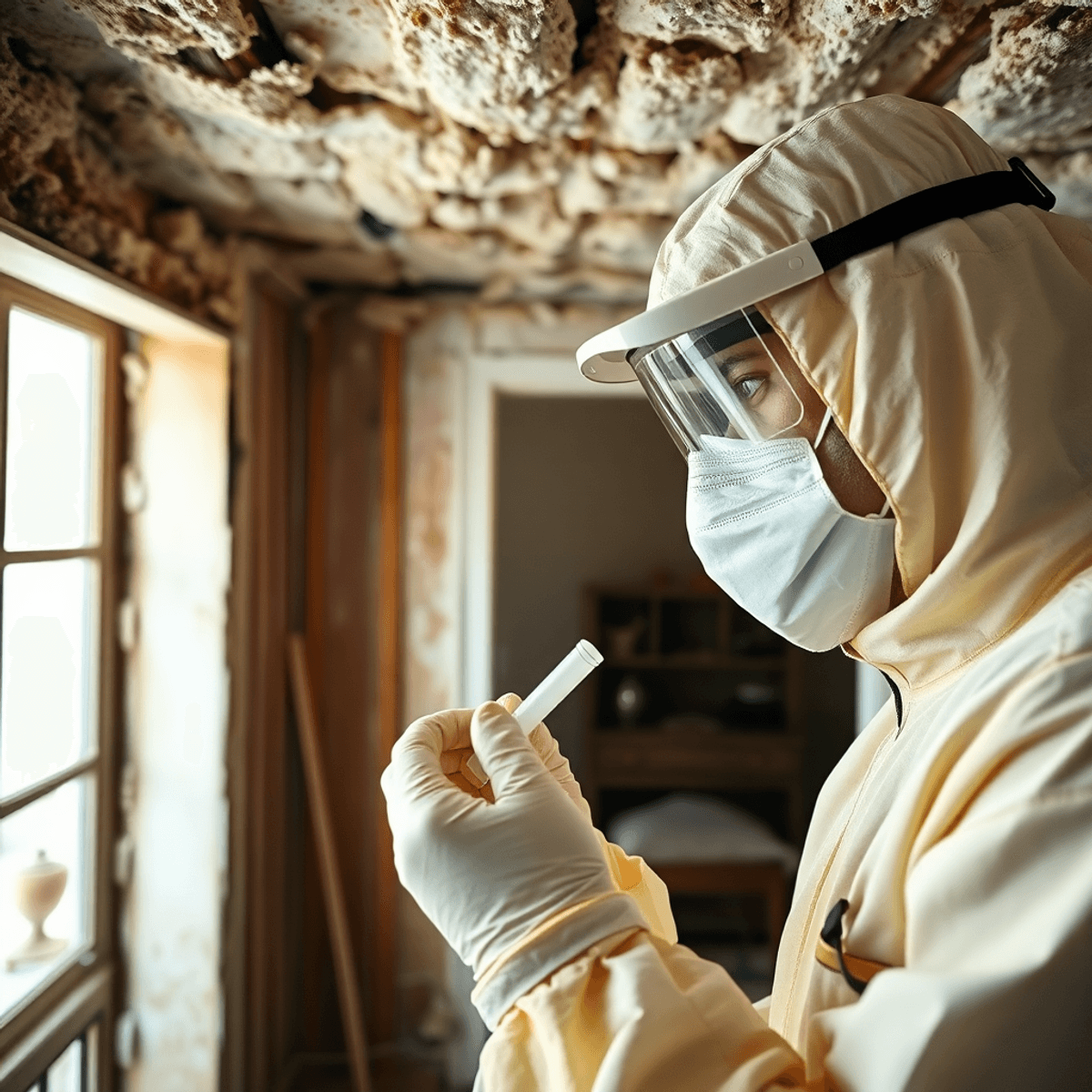 Close-up of home renovation showing old insulation and a professional in protective gear collecting asbestos samples.