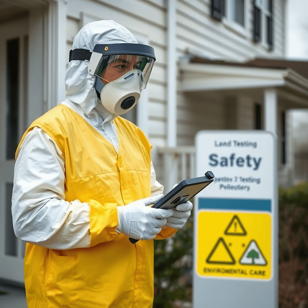 Technician in protective gear inspecting a home with asbestos testing equipment and safety signs in a residential setting.