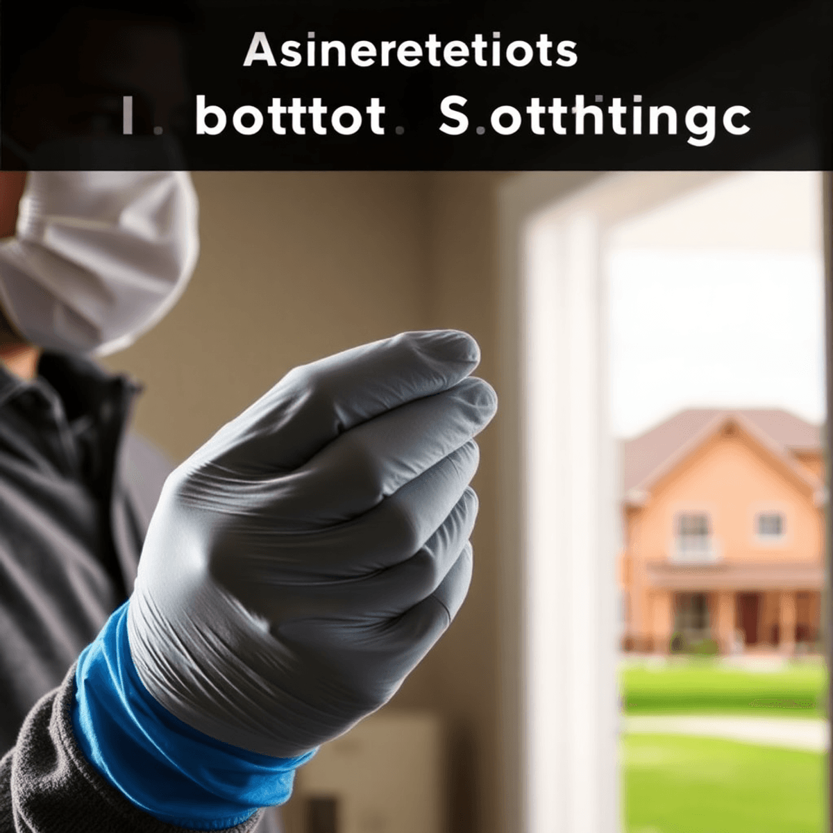 Close-up of a professional in gloves and mask collecting a building material sample for asbestos testing inside a home, with a faint house image in...