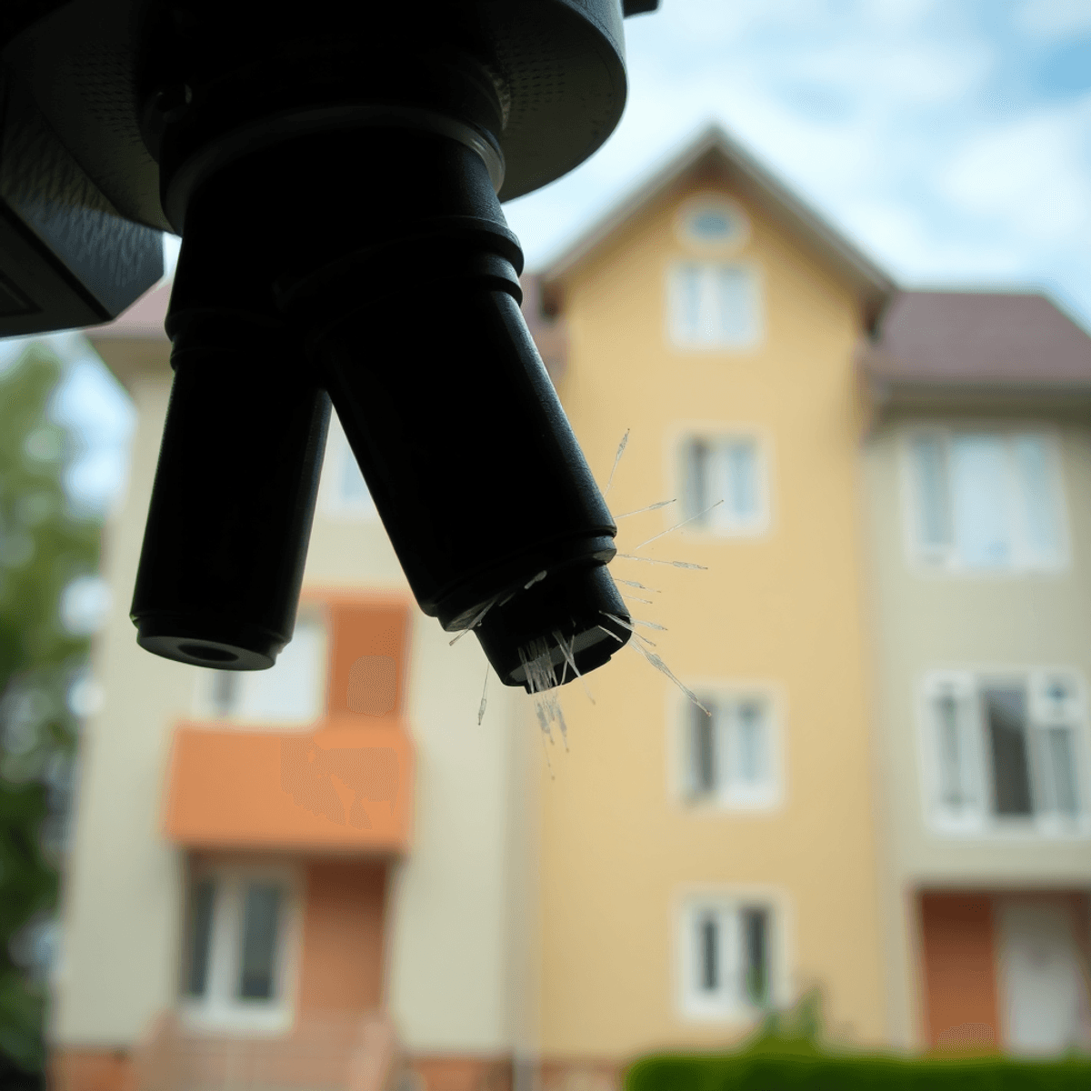 Close-up of asbestos fibers under a microscope with a blurred residential building in the background, representing asbestos testing and safety.