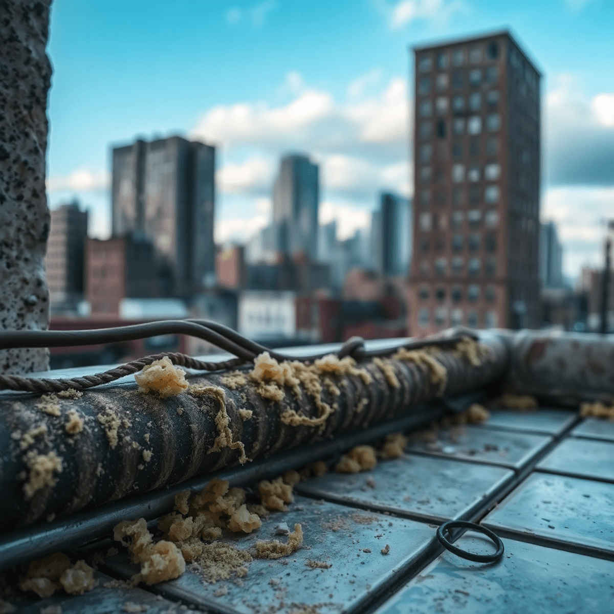 Close-up of asbestos fibers with vintage building materials and a blurred Baltimore cityscape in the background, emphasizing asbestos testing in hi...